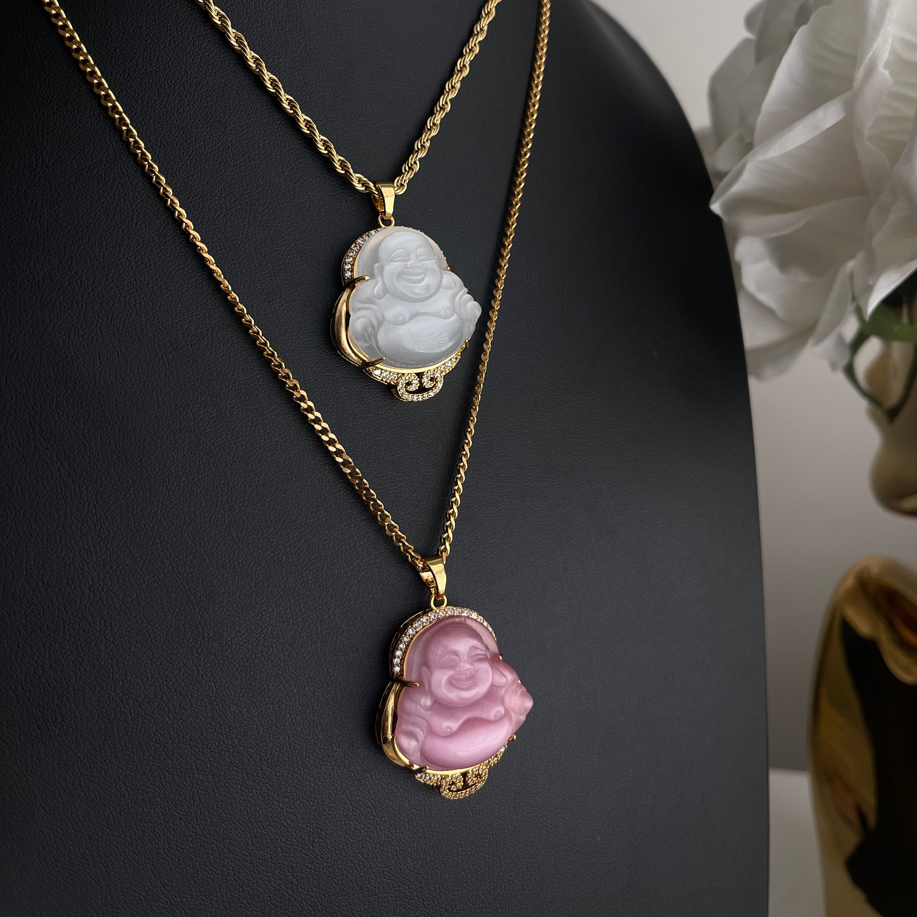 pink white buddha necklaces