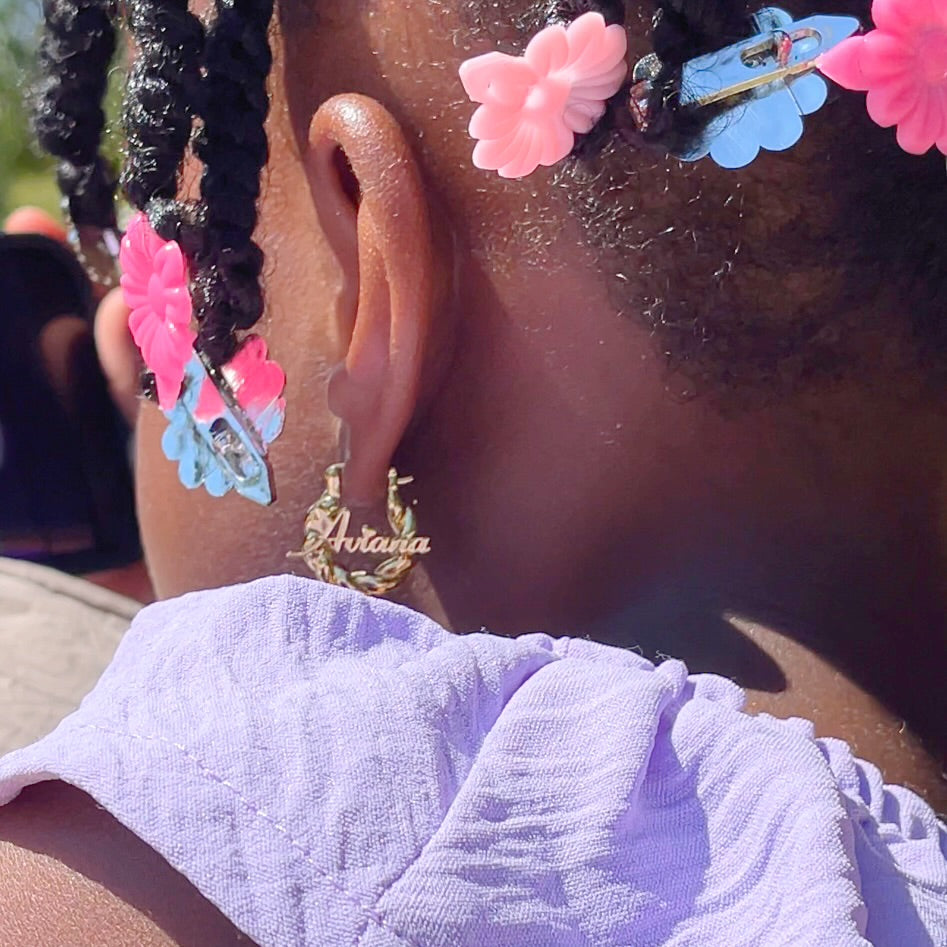Baby girl nameplate bamboo hoop earrings